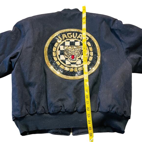 Vintage 1980's Colorado Jaguar Car Sparkle Sequin Black Bomber Jacket M